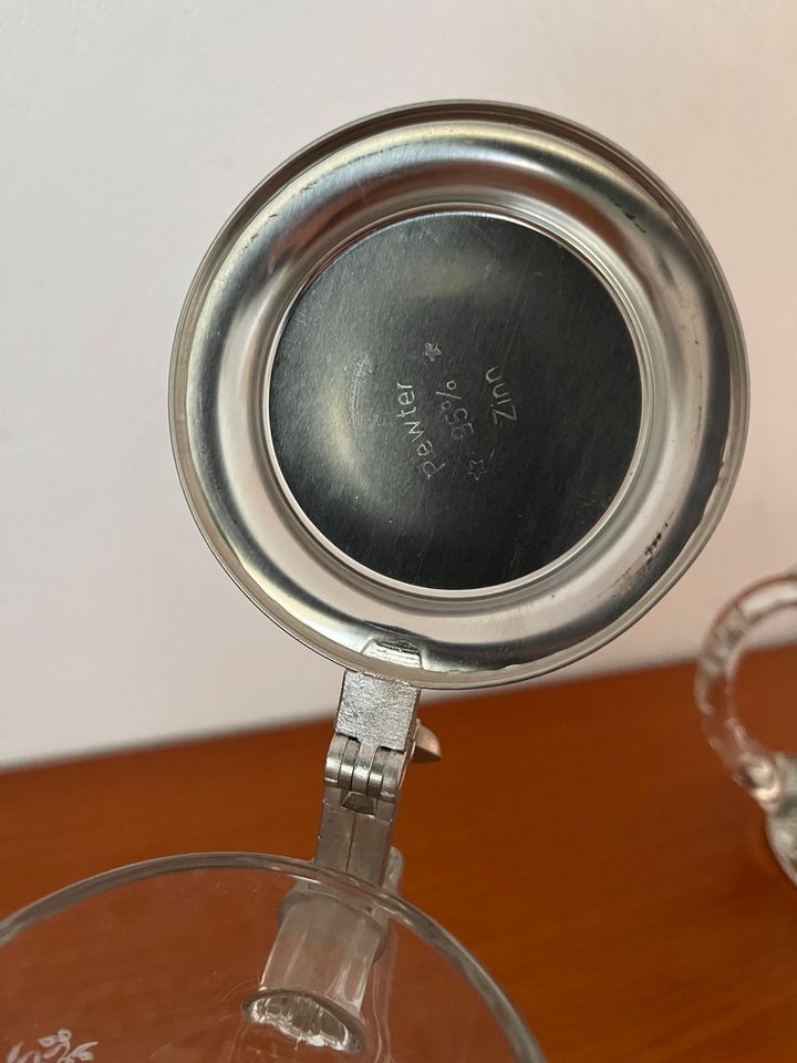 Retro Bierglas mit Deckel/ Bierkrug geschliffen mit Waldmotiv 3St in Bobitz