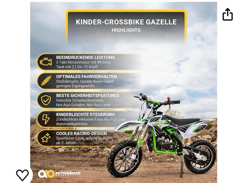 Actionbike „Gazelle“Crossbike Benzinmotor 2Takt 49ccm Kinderbike in Parkstetten