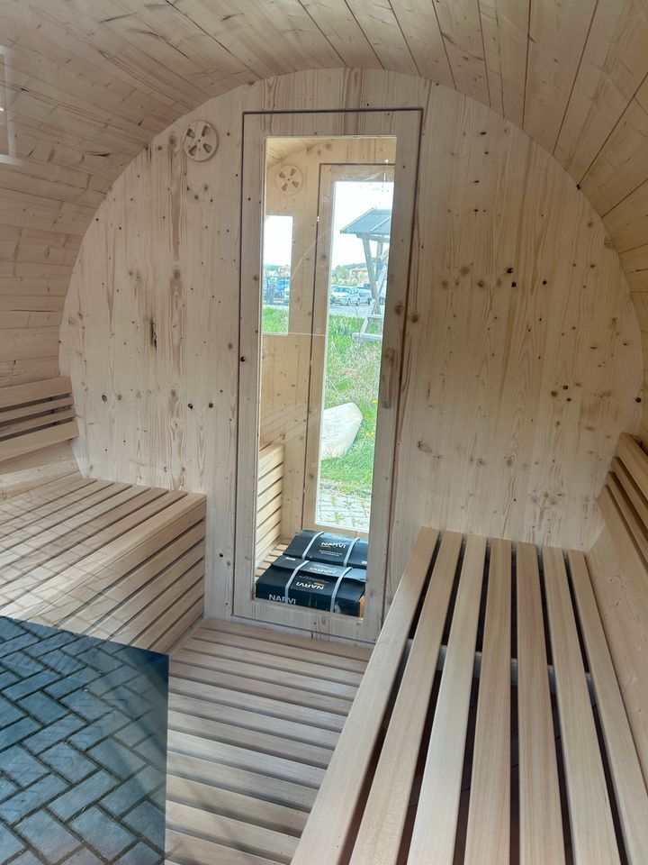 Fasssauna Saunafass Sauna Gartensauna Banja Holzofen Vorraum Panoramafenster Saunahaus in Niederorschel