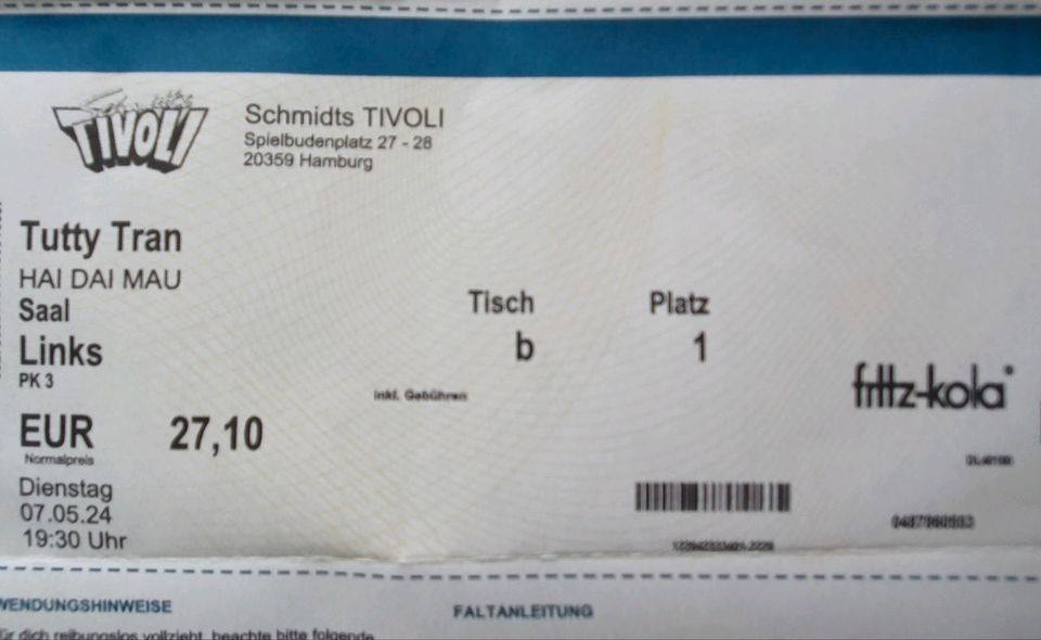 1 Ticket Tutty Tran Hamburg 07.05.24 Schmidts Tivoli in Hamburg