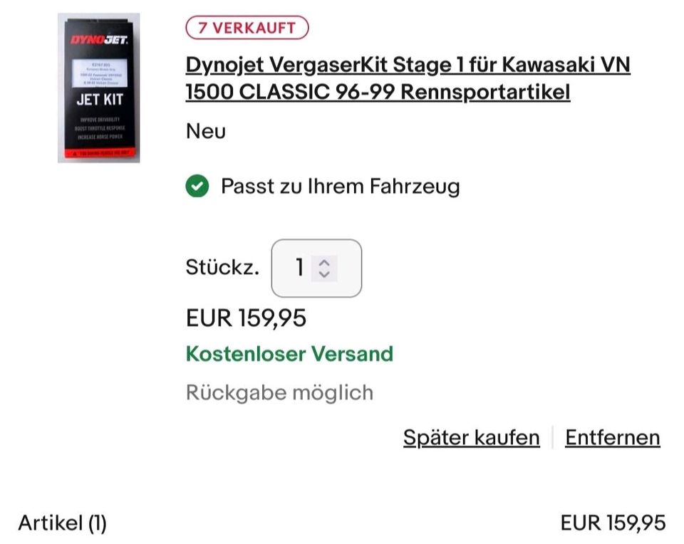 Dyno Jet Vergaserkitt  stufe 1 für Kawasaki VN 1500 (Neu) in Nordholz