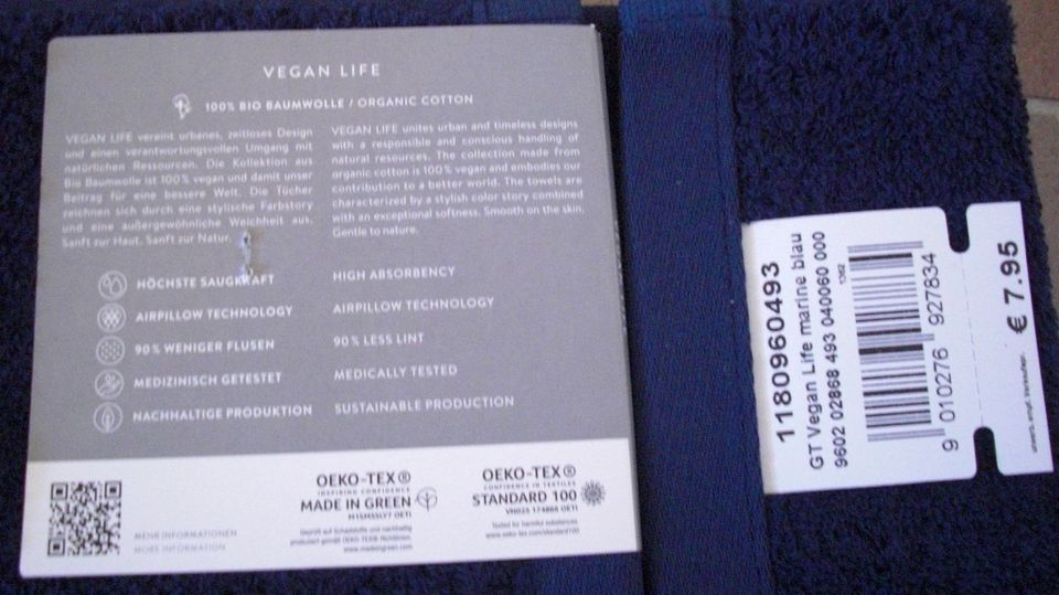 2er Set Vossen Gästehandtuch Vegan Life marine in Essen (Oldenburg)