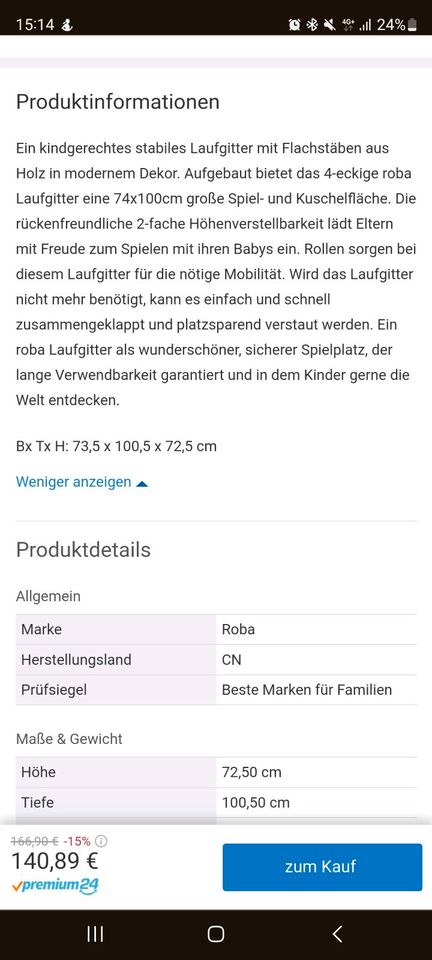 Roba Laufgitter Laufstall Gitterbett 75x100cm faltbar in Greifswald