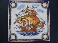 Keramikkachel, Zierfliese, 15 x 15 cm, Segelschiff blau-gelb, alt Hessen - Butzbach Vorschau