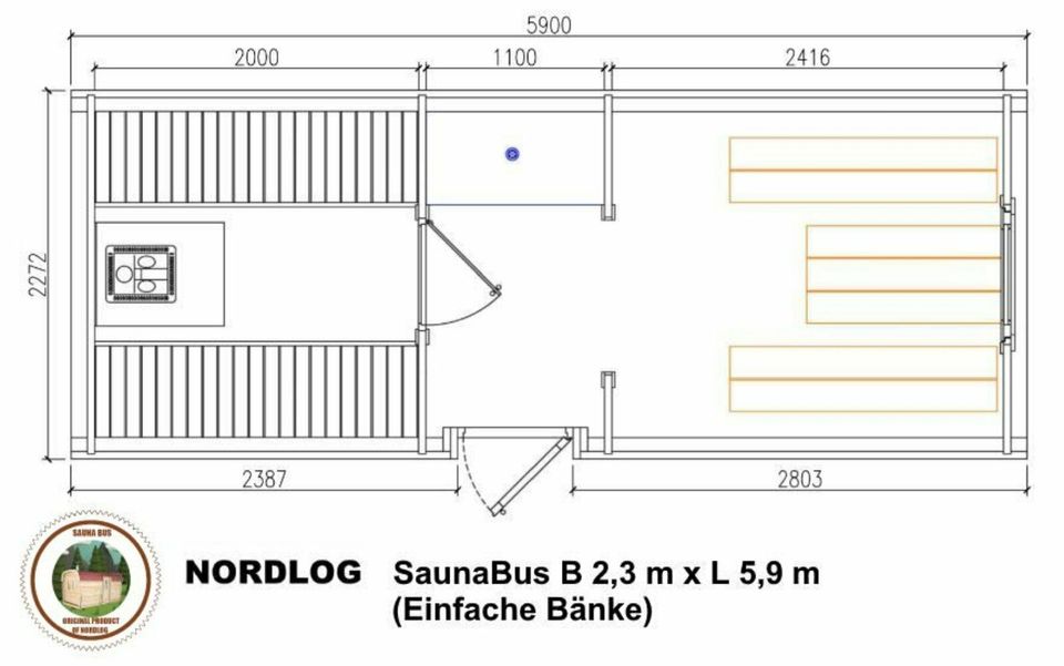 LUXURY NordLog SAUNA BUS 2,3 x 5,9m /Einfache Bänke/ GARTENSAUNA in Weil der Stadt