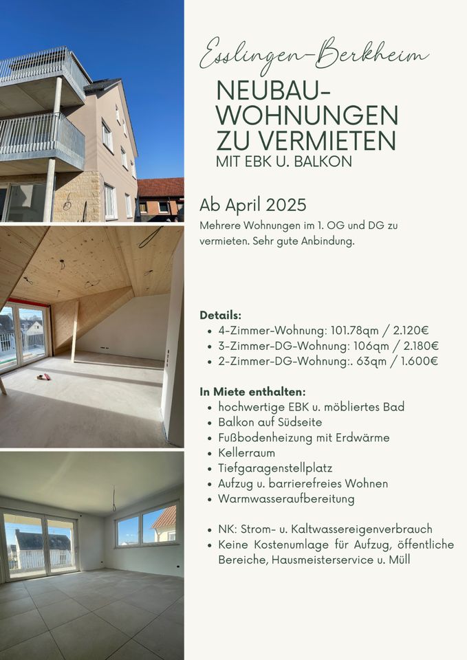 Schöne 2-Zimmer-DG Wohnung: NB, EBK, BLK, Keller u TG in 73734 in Esslingen