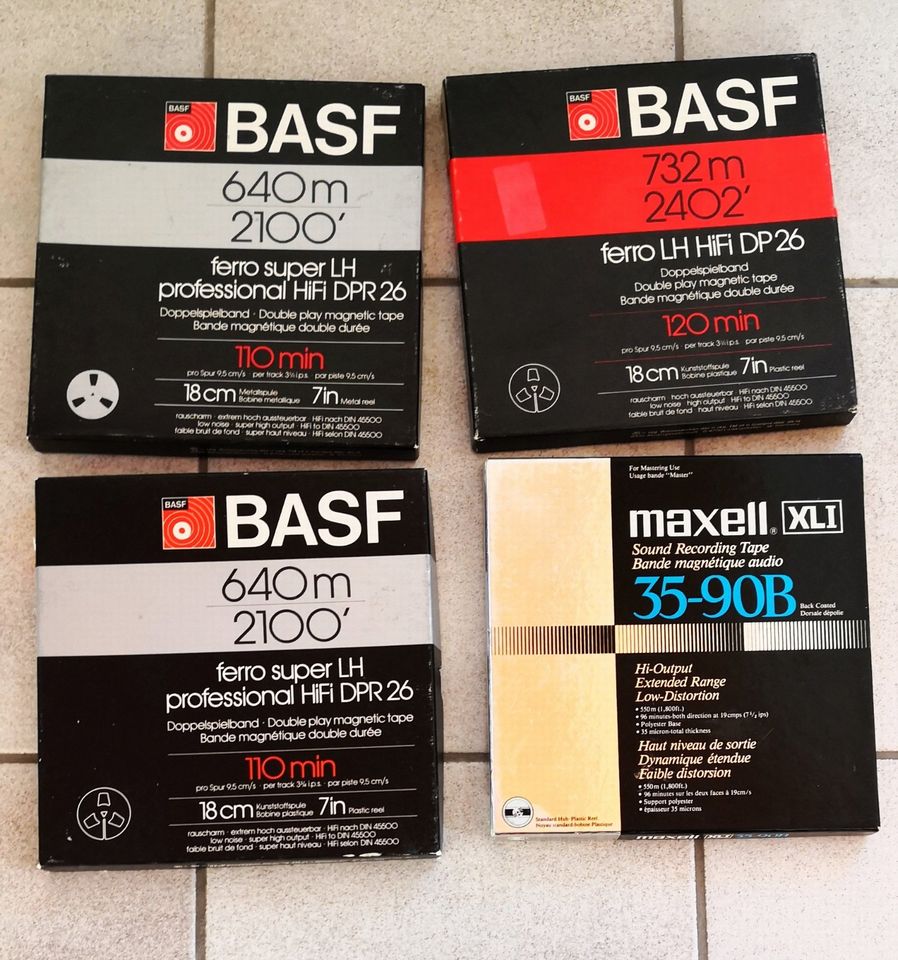 4x Tonbandspule: 1x Maxell XL1 35-90B 2x BASF DPR 26 1x BASF DP26 in Unterschleißheim