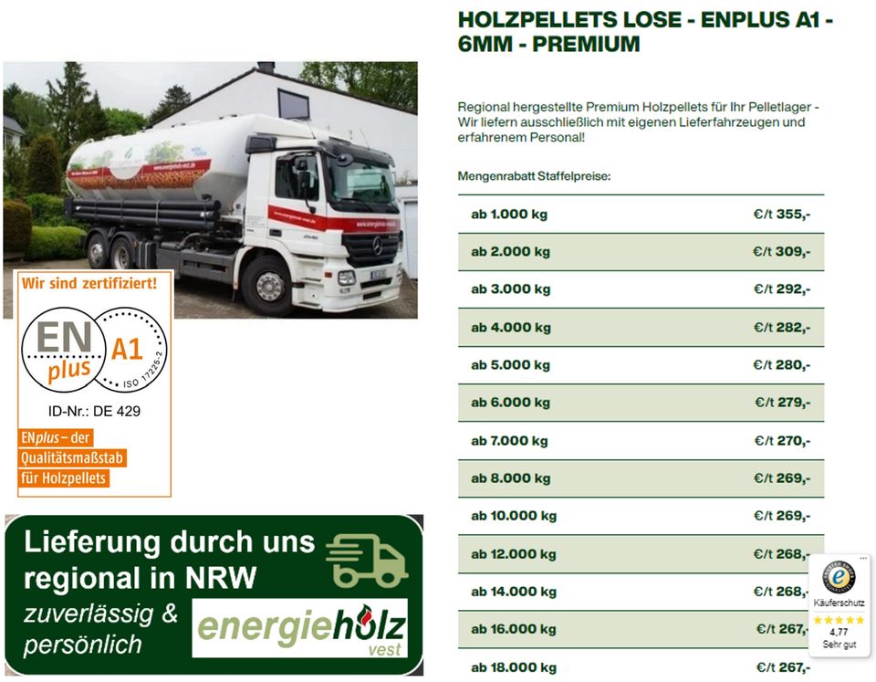 Holzpellets lose geliefert - 6 mm ENplus A1 regional hergestellt in Datteln