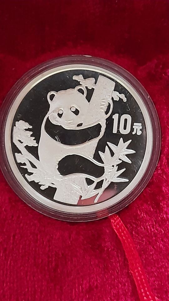 China Panda 1987 10 Yuan + 50 Yuan, Silber PP, 5 Oz + 1 Oz, Set in Mittweida