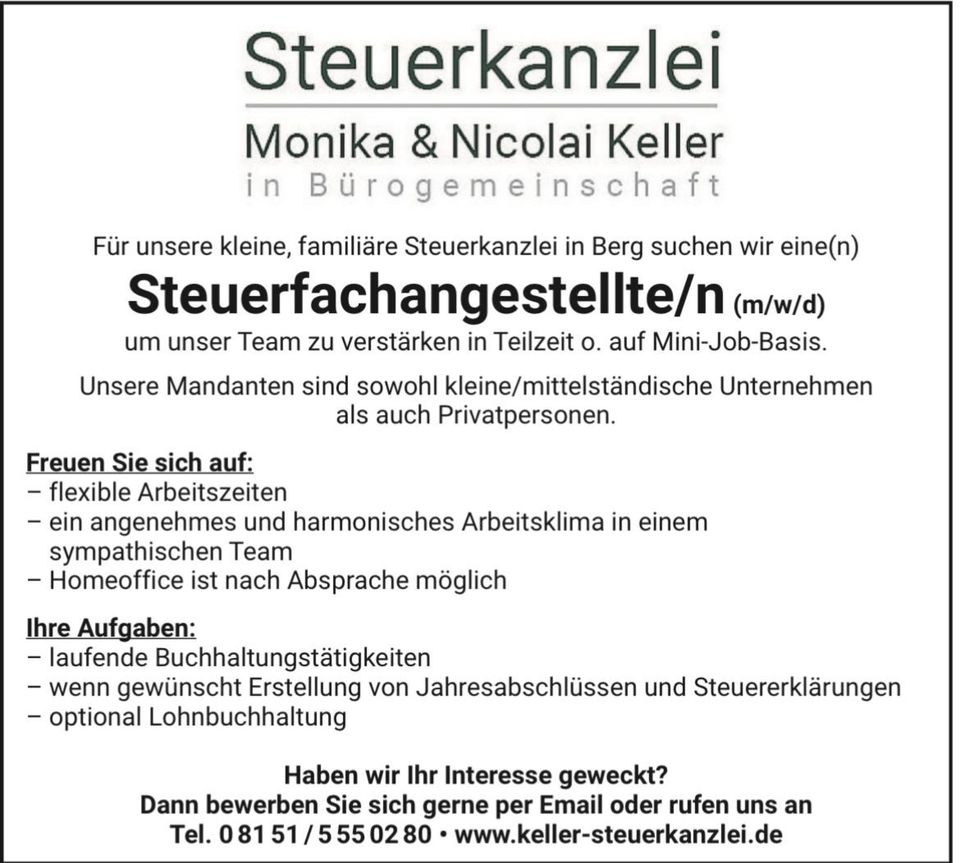 Steuerfachangestellte/r (m/w/d) für unsere Steuerkanzlei gesucht in Berg