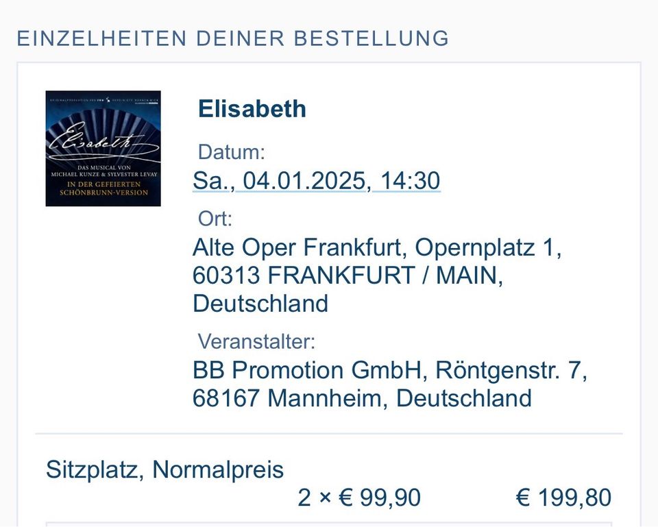 Elisabeth Musical Frankfurt 04.01.2024 14:30 Uhr in Dortmund