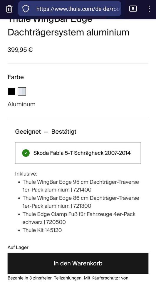 Thule WingBar Edge Clamp 86 /95, Dachträger Skoda Fabia 2007-14 in Nürnberg (Mittelfr)