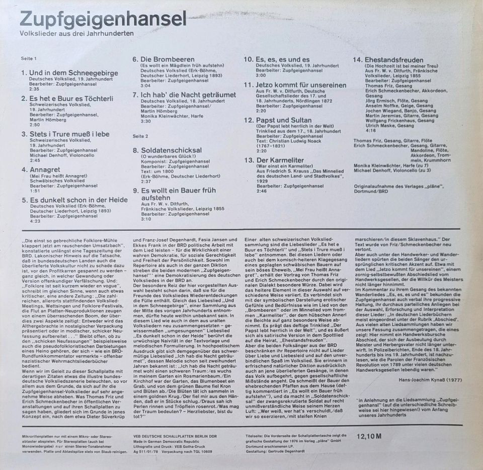 Vinyl Schallplatte Zupfgeigenhansel Volkslieder 1977 in Leipzig