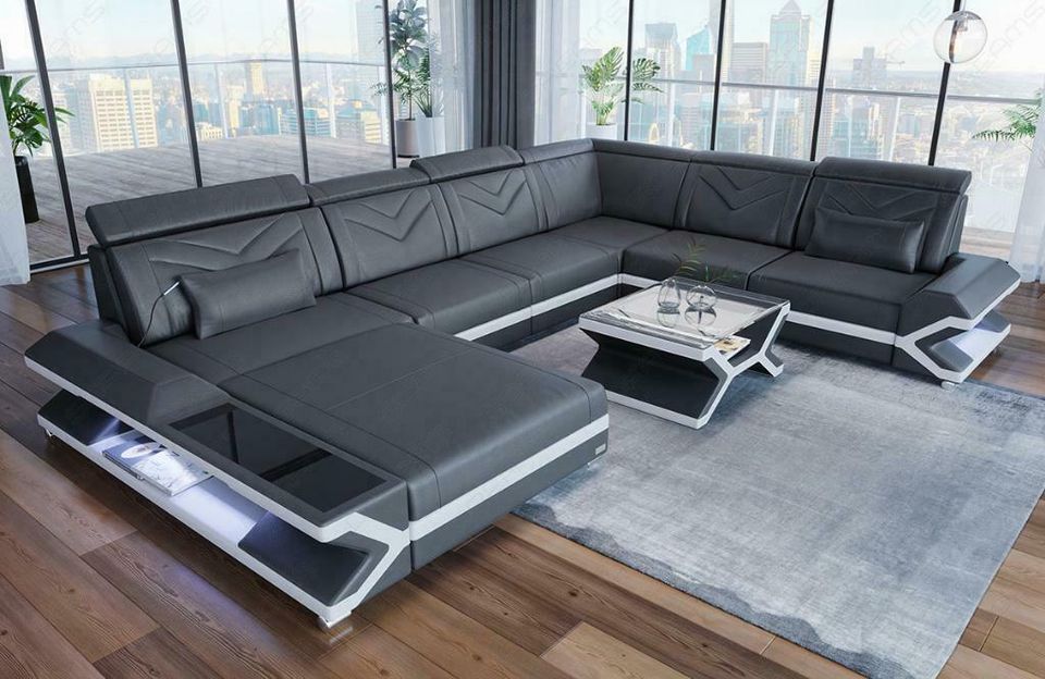 XXL Wohnlandschaft Sofa Napoli Leder Couch Ottomane LED Ecksofa in Berlin