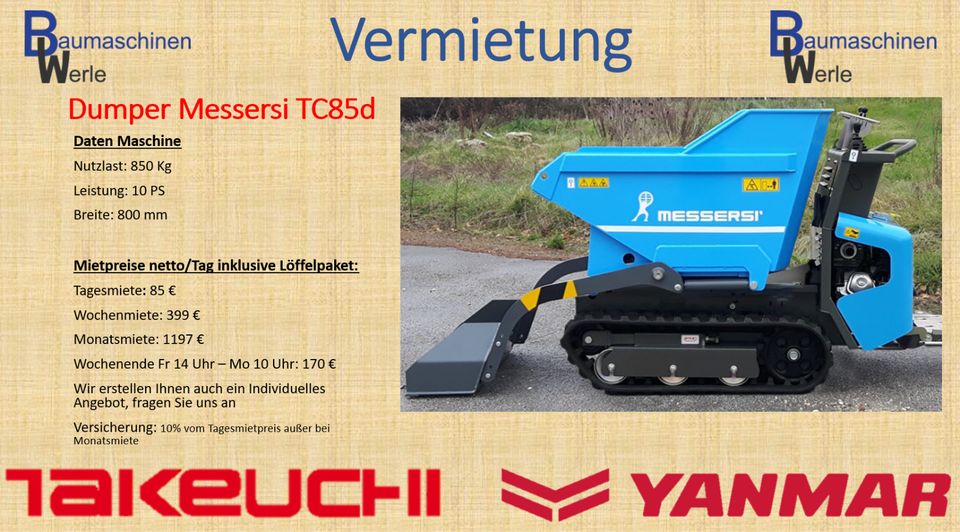 Dumper Mieten, Vermietung, Messersi TC85, Yanmar Motor in Hoppstädten-Weiersbach