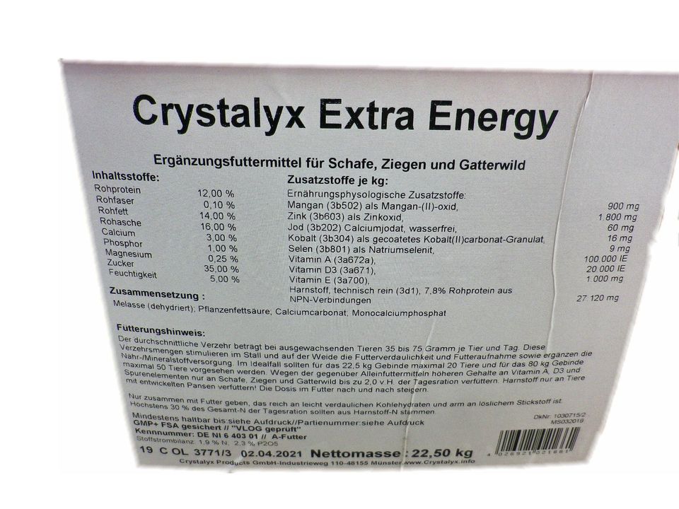 Crystalyx Extra Energy Ergänzer Schafe Ziegen + Wild 22,5kg in Döbern