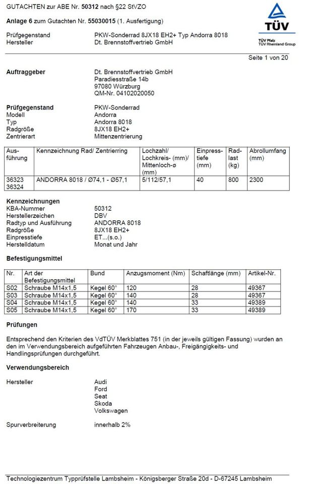 Alufelgen Mercedes, Audi, Seat, Skoda, VW, Ford und BMW 8X18 in Geretsried