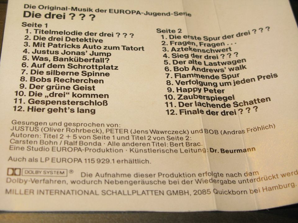 Die drei ???  Original Musik-Kassette. Studioproduktion.1981 in Hirschberg a.d. Bergstr.