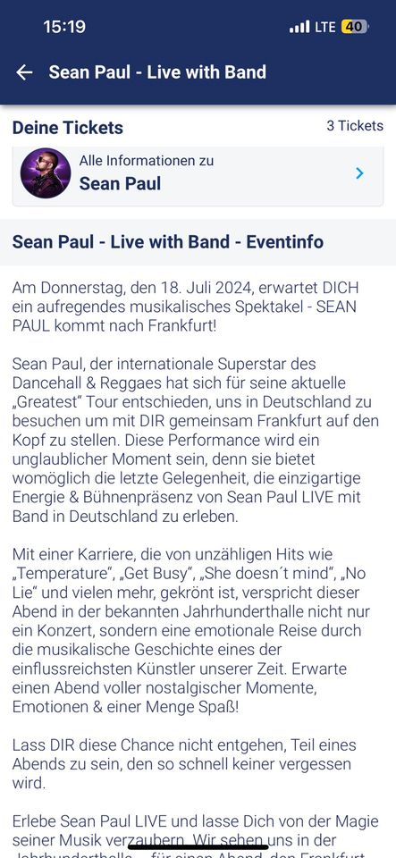 1x Konzertkarte Sean Paul Frankfurt in Wilhelmshaven