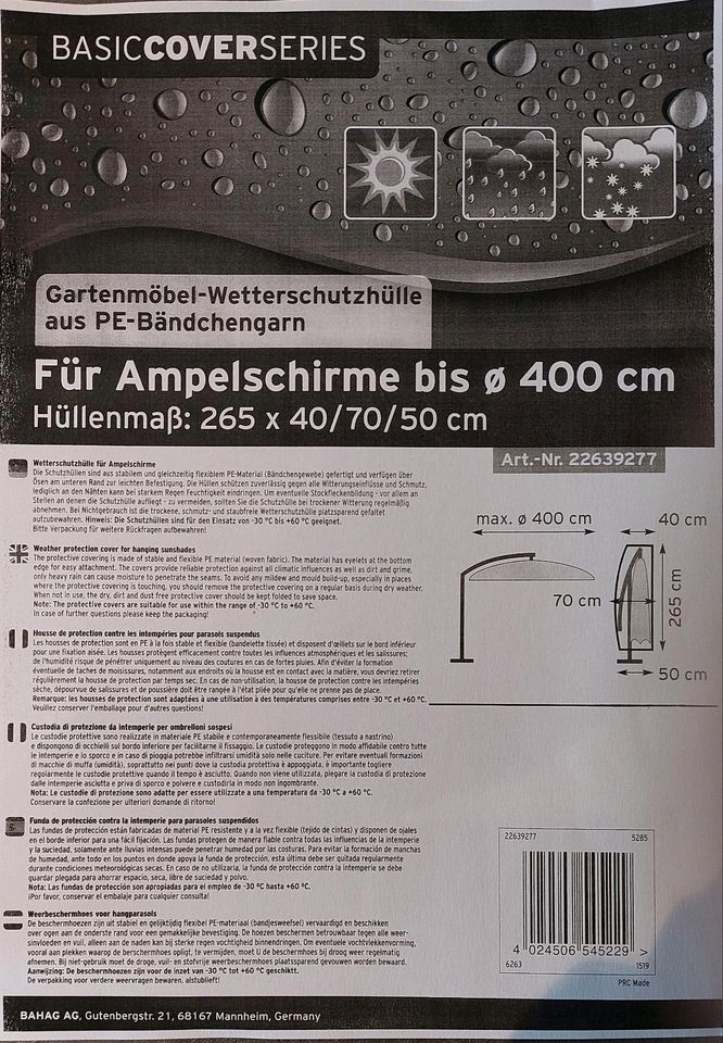 Amelschirm Hülle bis Durchmesser 400cm - 265 x 40/70/50 - Neu! in Saarlouis