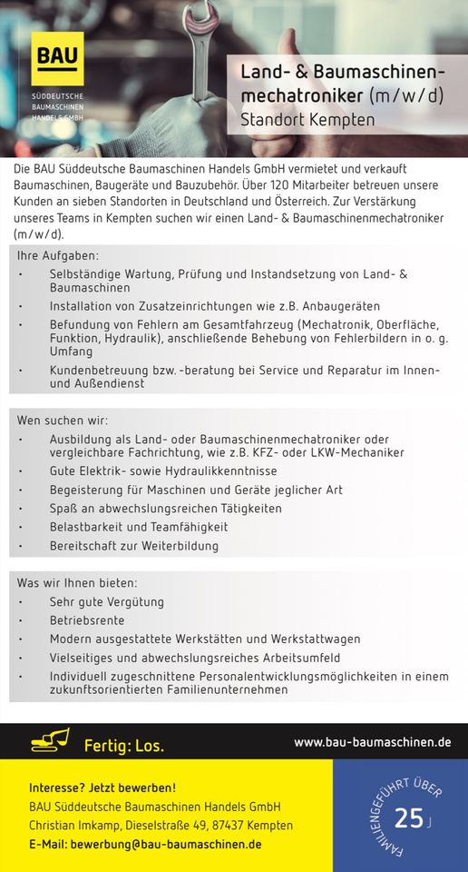 Land- und Baumaschinenmechatroniker (m/w/d) Mechaniker Kempten in Kempten