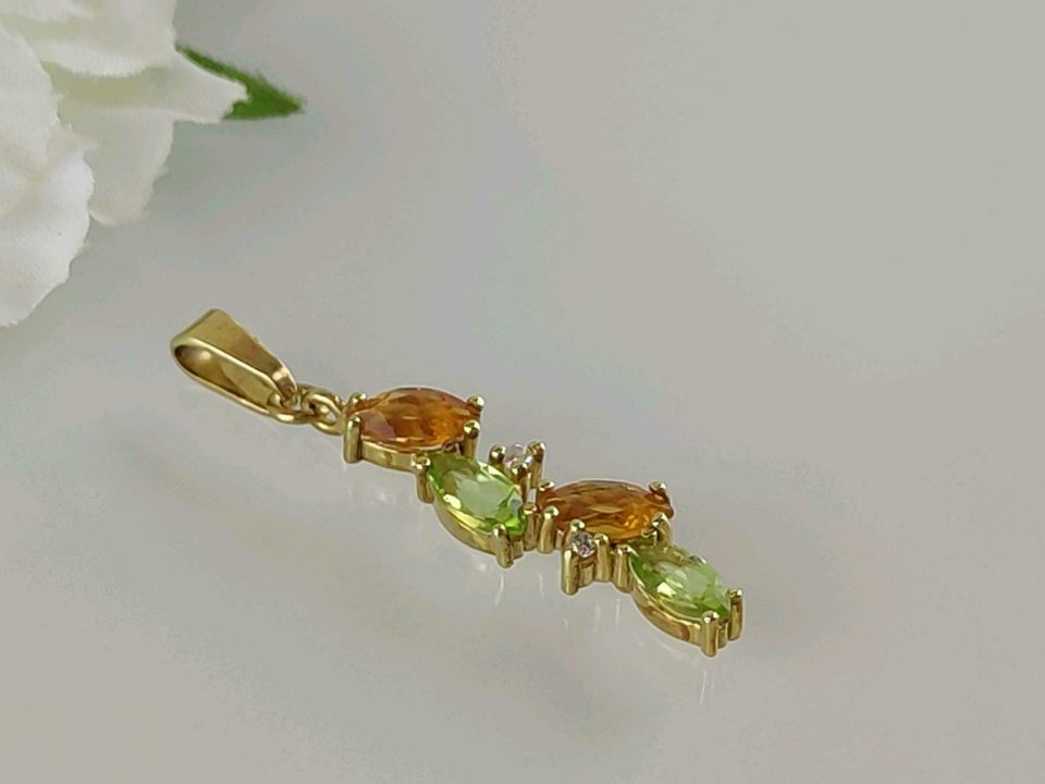 Fantastischer Goldanhänger 333, Echter Citrin, Peridot, Diamant in Cham