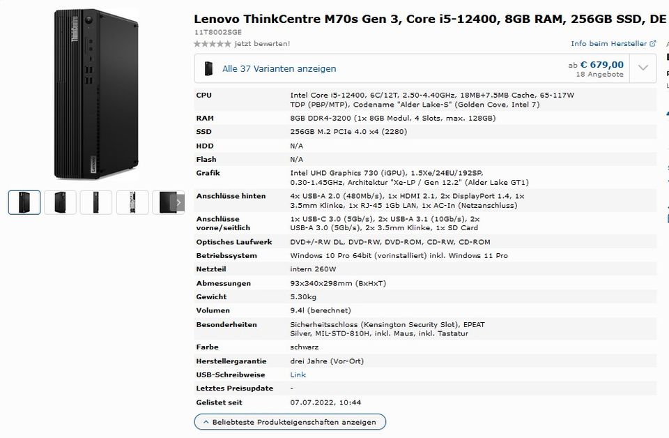 Lenovo ThinkCentre M70s, i5-12400, 8/16GB RAM, 256/512GB SSD in Wesel