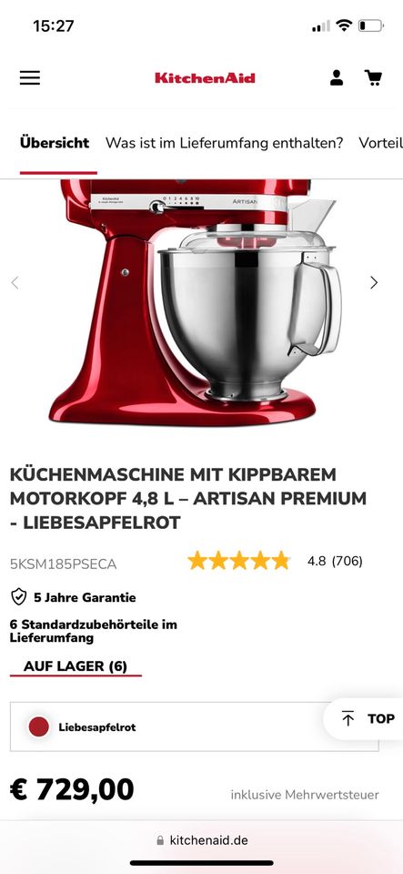Kitchenaid 4,8 L - ARTISAN PREMIUM Farbe: - LIEBESAPFELROT in München