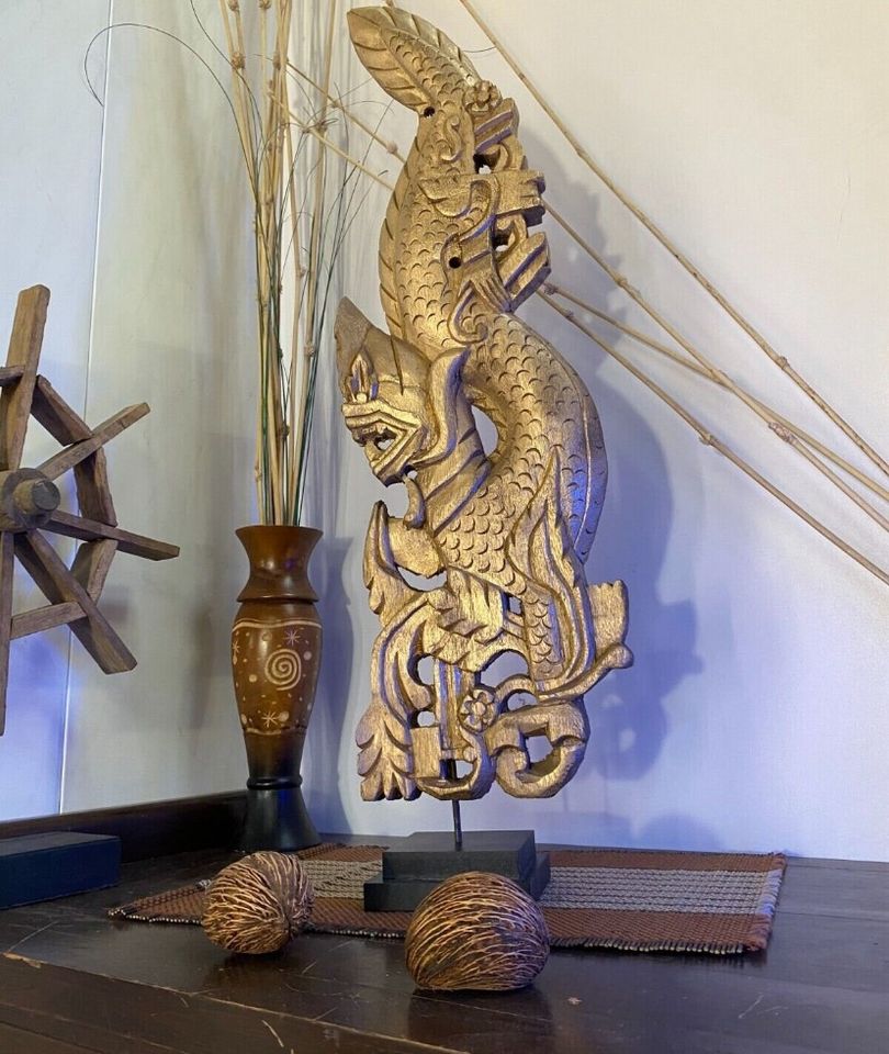 Naga Drache Buddha Holzfigur Skulptur Schnitzerei Gold in Barsbüttel