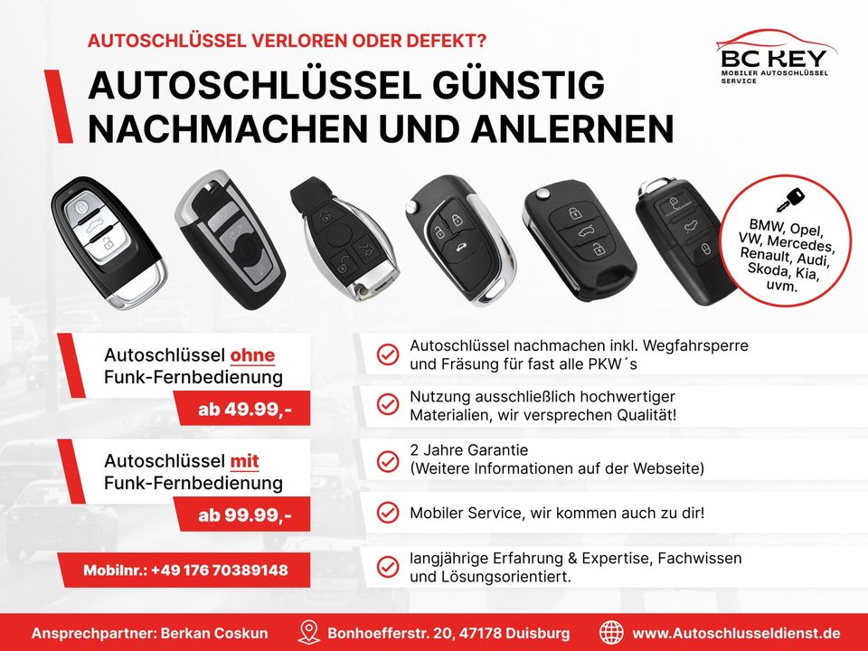 Autoschlüssel nachmachen & anlernen I mobiler Service I Alle Automarken I  Audi, BMW, Chevrolet, Chrysler, Citroen, Fiat, Ford, Hyundai, Jaguar, Jeep, Kia, Land Rover, Maserati, Mazda, Mercedes, Mini in Duisburg