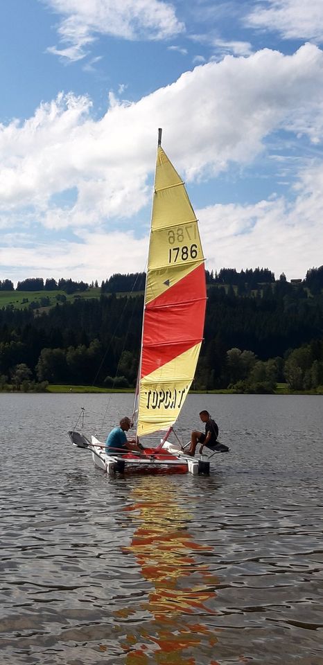 Katamaran Topcat F2 mit Ausleger und Slipwagen in Schlat