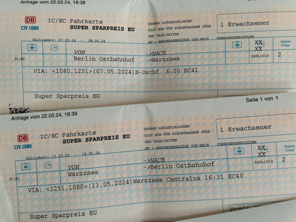 Fahrkarte 07.05. & 13.05. Berlin - Warschau, Deutsche Bahn Ticket in Berlin