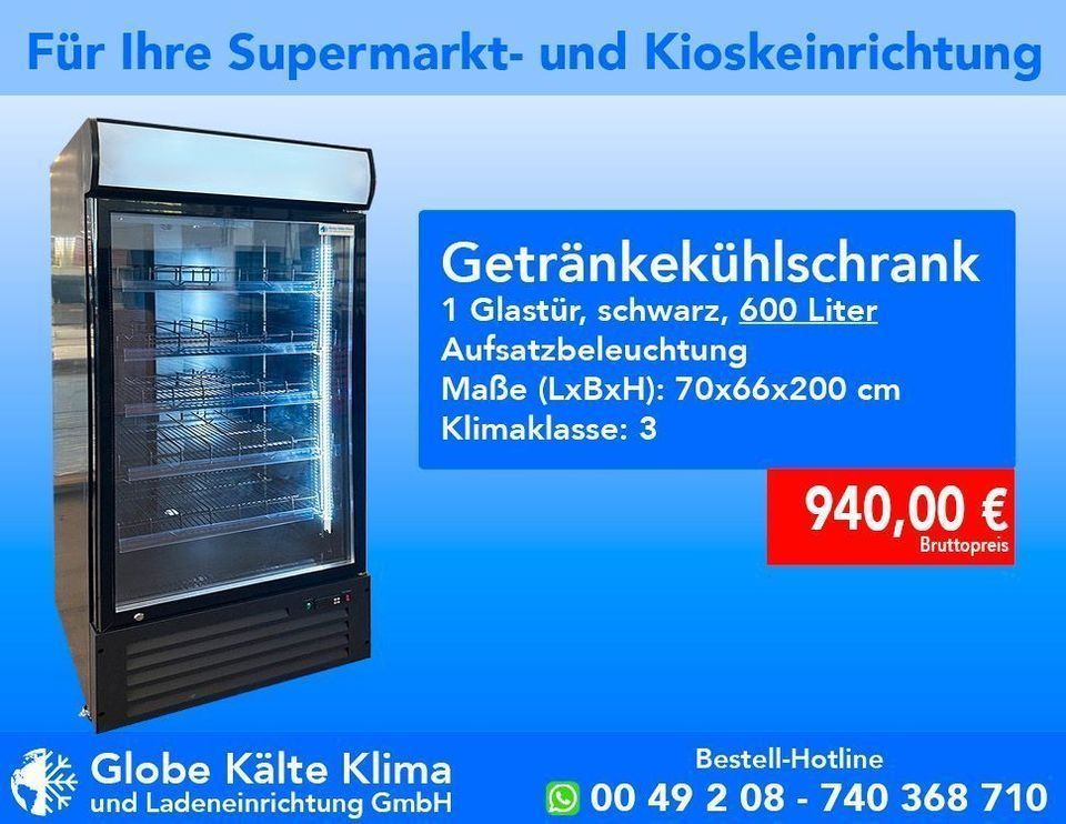 Getränkekühlschrank, Kühlschrank, 1 Tür, schwarz, 600 Liter, Aufsatzbeleuchtung, Kiosk, Ladeneinrichtung in Mülheim (Ruhr)