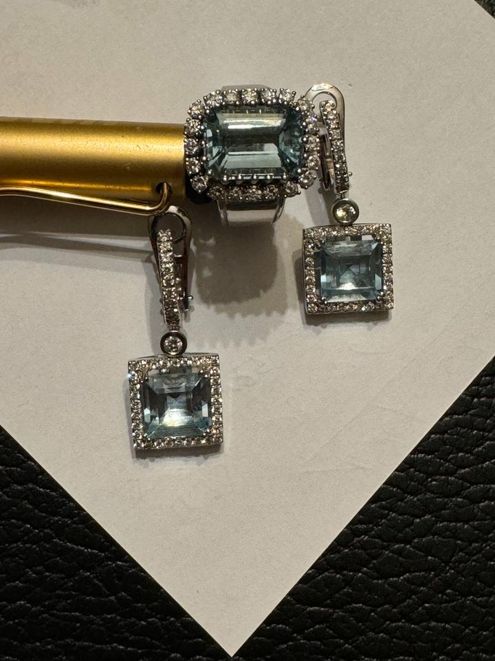 Garnitur Ring und Ohrringe 14k 585 Gold Brillanten Aquamarin in Kirkel