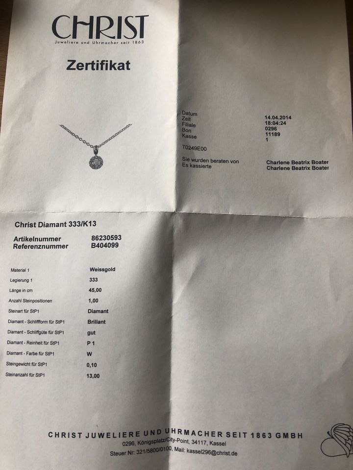 Christ Diamant Schmuck: Kette, Anhänger 333 Weißgold m Zertifikat in  Niedersachsen - Aurich | eBay Kleinanzeigen ist jetzt Kleinanzeigen