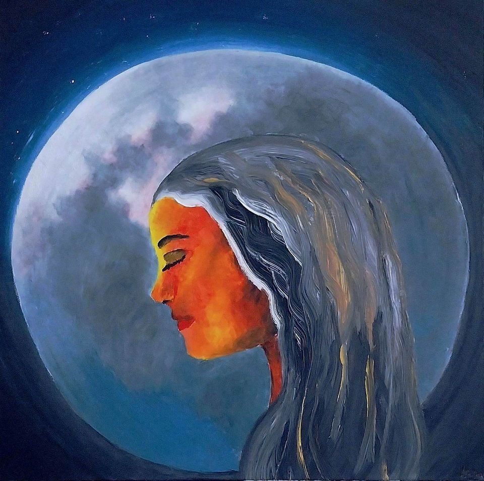 Original Ölfarbenbild auf Leinwand von 2023 - Mondfrau in Oppach