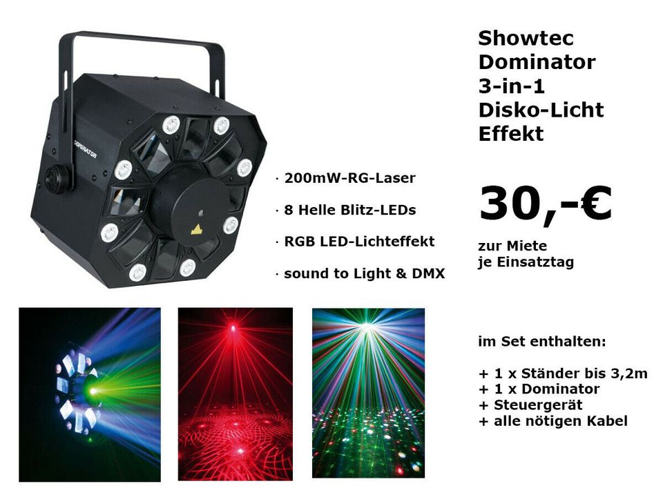 TECHNIK VERLEIH: Showtec Dominator LED-LASER-STROBO Disko-Licht-Effekt /// Pa-Lautsprecher, Soundboks, DJ-Controller, Nebelmaschinen, Pioneer Dj Equipment XDJ, RR RX3 CDJ NEXUS, Powerstation / MIETEN in Berlin