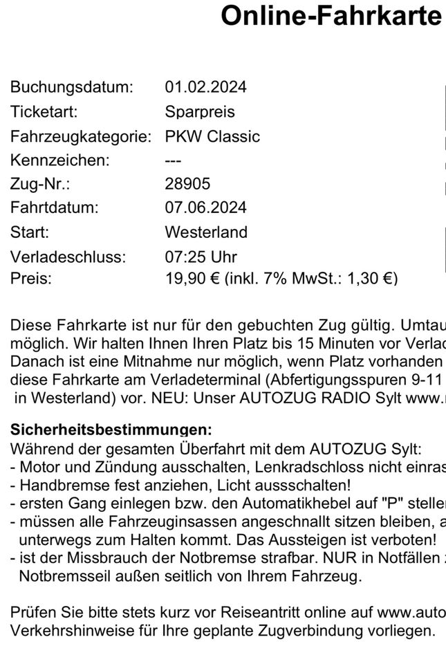 Ticket Blauer Autozug Sylt / ab Westerland 07.06.2024 in Geiselbach