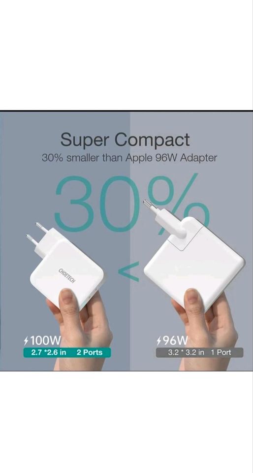 CHOETECH PD 100W GaN Dual USB Typ C Ladegerät für MacBook Air iPa in Hamburg