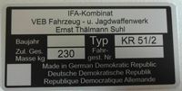 Typenschild Simson KR51/2 Typenschild KR 51/2 Alu Rahmenschild Thüringen - Einhausen (Thüringen) Vorschau