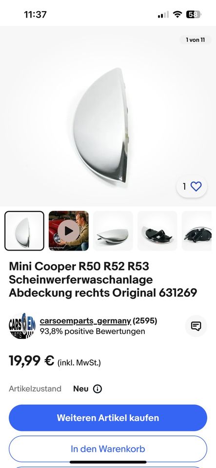 Mini Cooper R50 R52 R53 Scheinwerferwaschanlage Abdeckung rechts in Neustadt am Rübenberge
