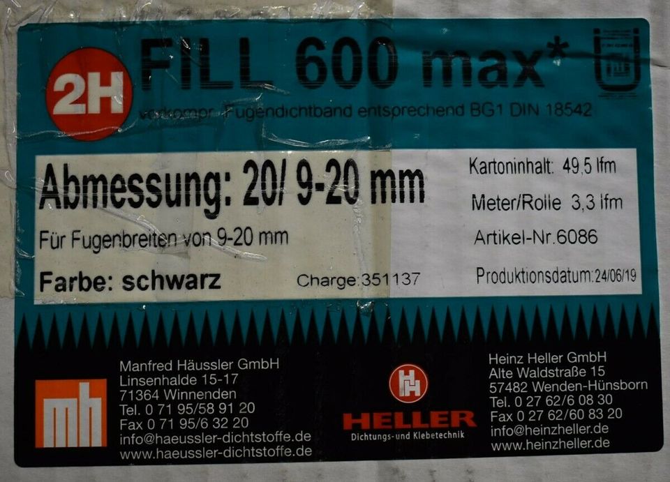 10x Heller FILL 600 max Fugendichtband 20/9-20mm schwarz 3,3m in Düsseldorf