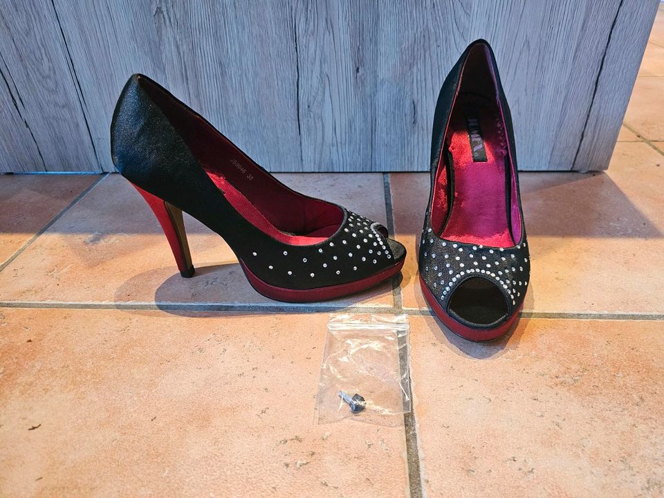 High Heels Gr. 38 NEU Jumex Peeptoes Strass rot schwarz Satin in Wetter (Ruhr)