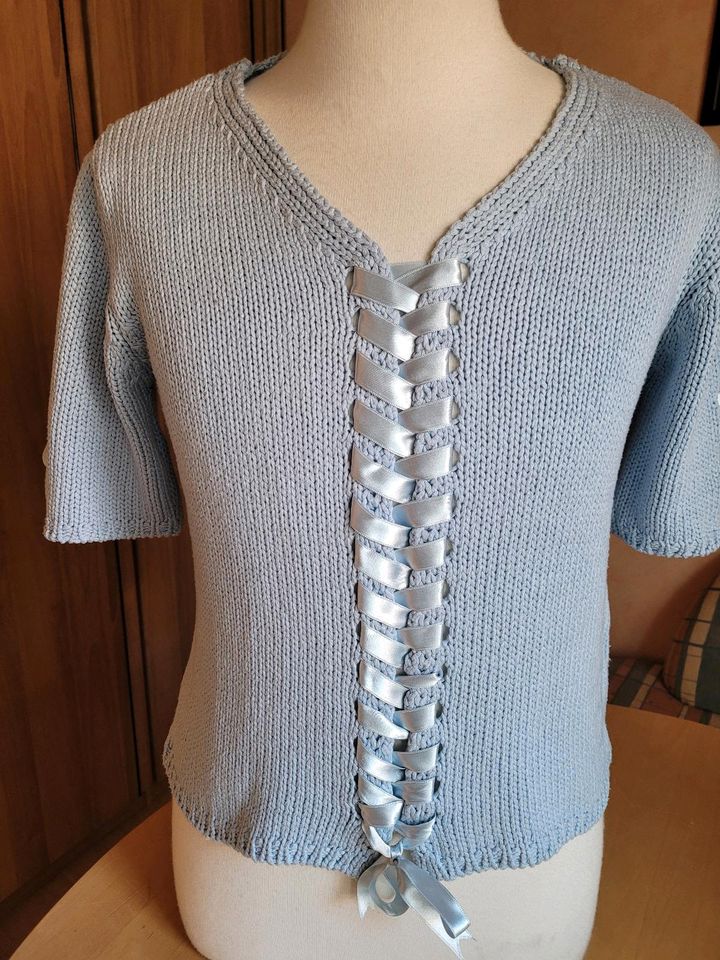 Damen Pulli Pullover kurzarm Band Schleife blau Gr.  M 38 in Rees