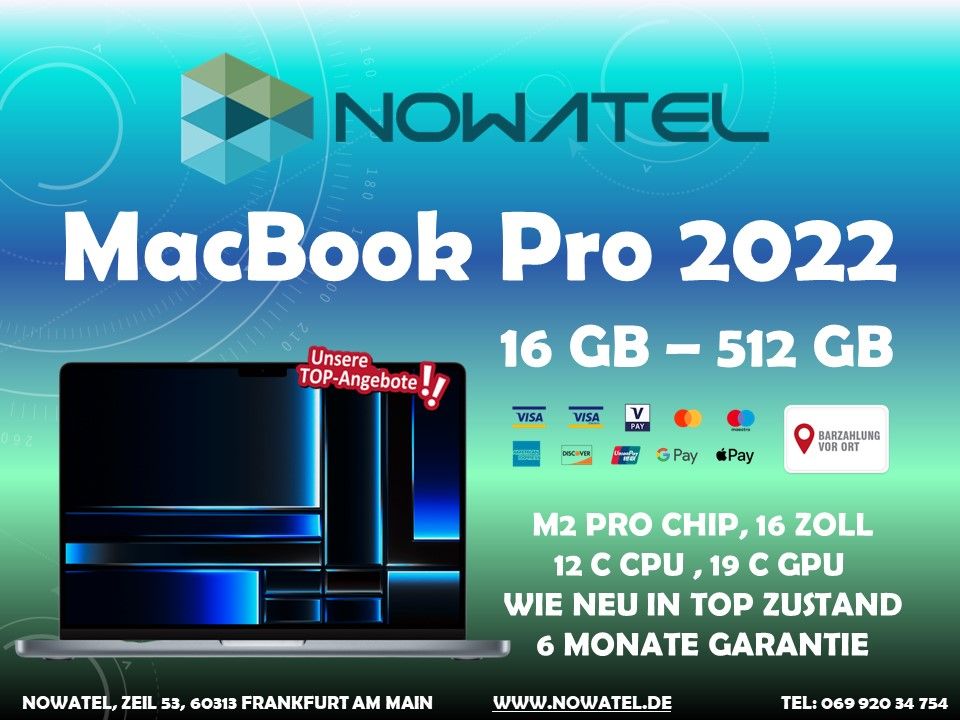 ✅ MACBOOK PRO 2022 M2 PRO 16 16GB-512GB WIE NEU BLACK 1899 € ✅ in Frankfurt am Main