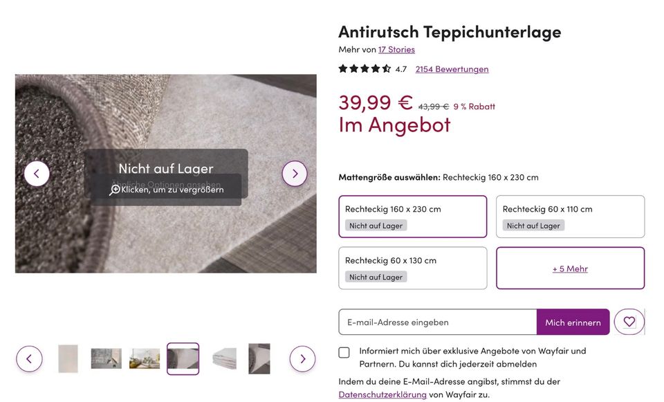 Teppich-Stop Unterlage 230x160cm Filz original verpackt NEU in Wallenhorst