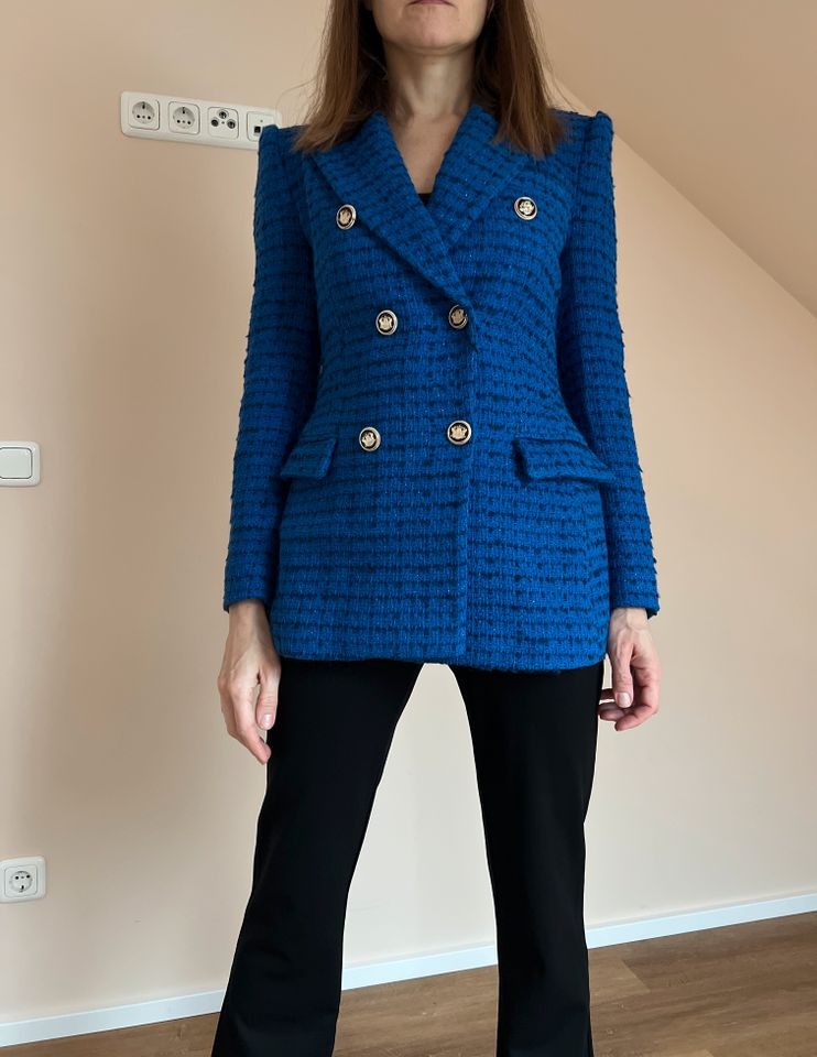 Zara blauer Blazer Strukturmuster Kunstlederdetails Jacke Gr. S in Wistedt