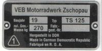 Typenschild MZ TS 125 Motorrad, Alu, Blanko, Oldtimer Nordrhein-Westfalen - Kalletal Vorschau