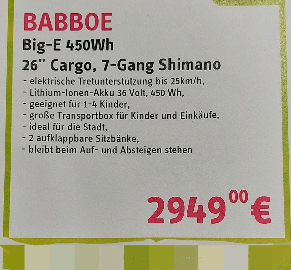 Babboe Big E 450Wh 26zoll 7 Gang Shimano Elektro Fahrrad in Wohlenhagen