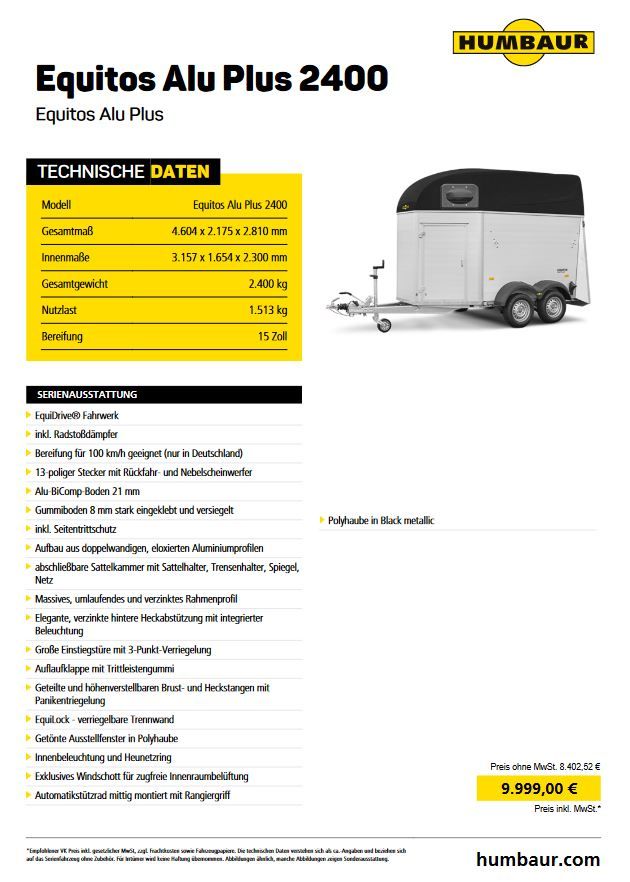 Pferdeanhänger Equitos Alu Plus 2400 von Humbaur - auf Lager!!! in Karlstein